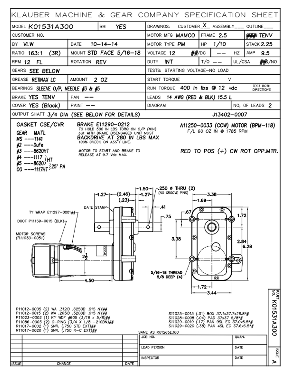 E-K01531A300 (Open Box) RV Power Gear Slide Out Motor Pn 523900