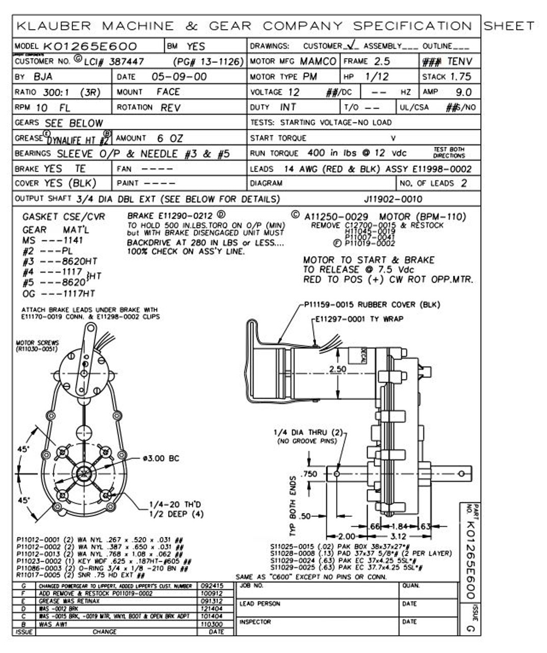 E-K01265E600 (Open Box) Klauber Rv Power Gear Slide Out Motor PN 521769S (K01265-E600)