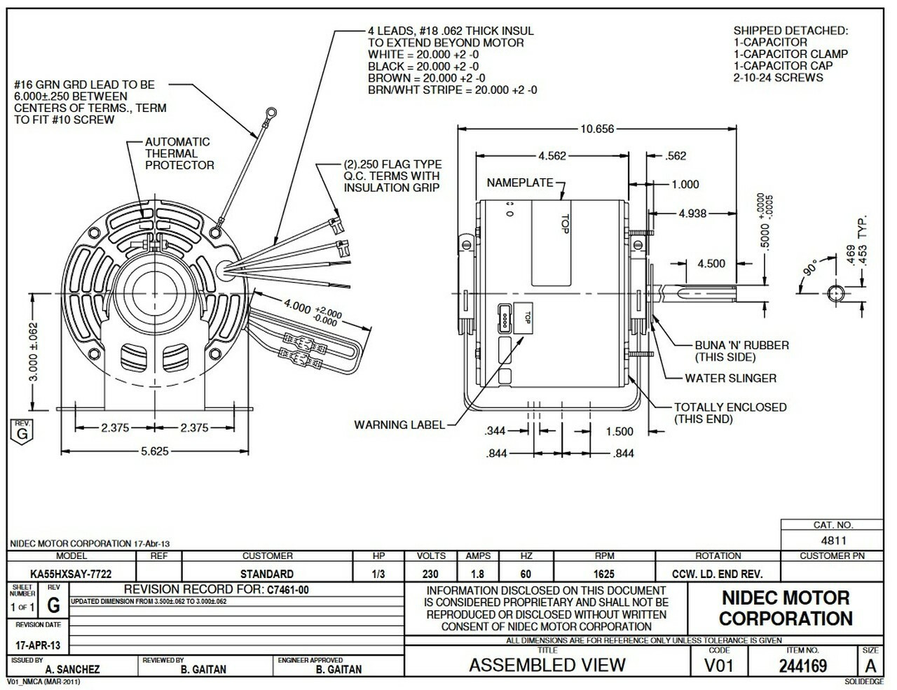 E-4811 (Opened Box) Nidec 1/3 HP 1625 RPM 1-SPEED 230V; 5.6" DIA. CONDENSER MOTOR