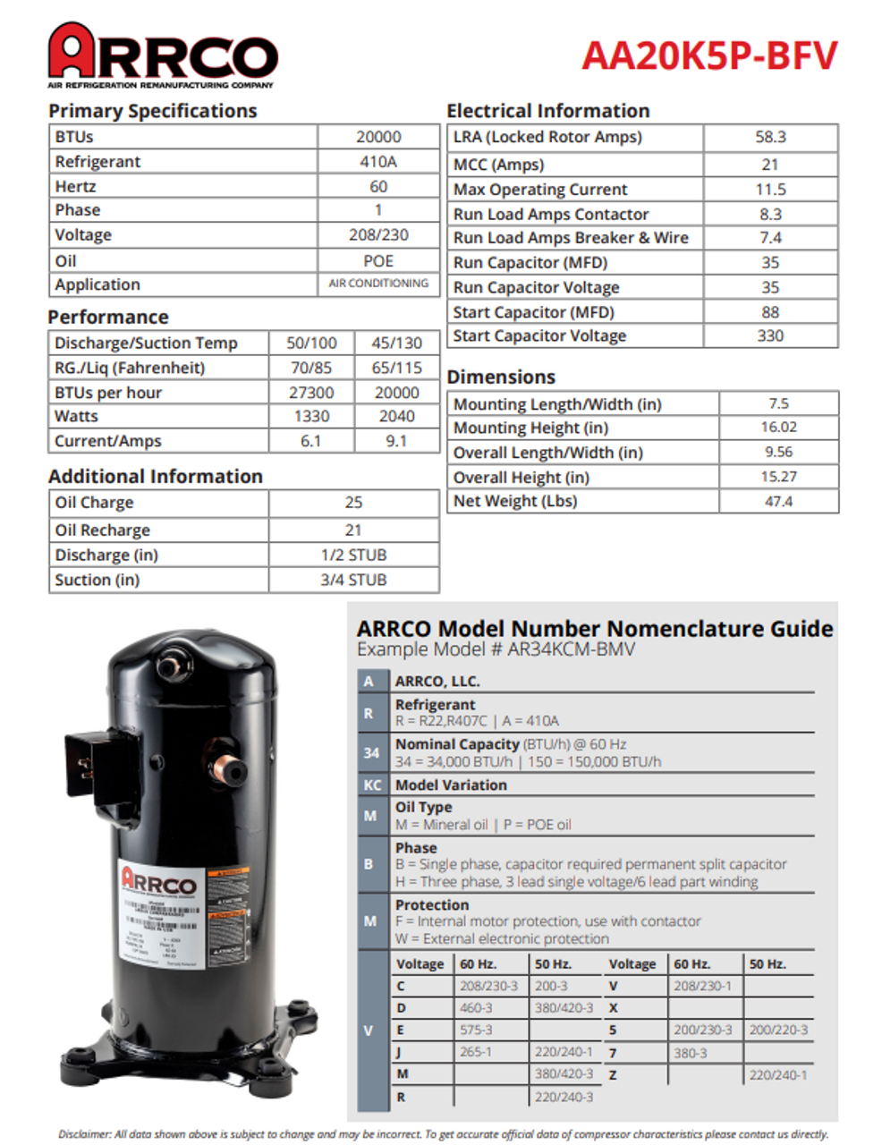 AA20KP-BFV Copeland Scroll Compressor Remanufactured by Arrco, replaces:  Copeland ZP20K5E-PFV ZP20K6E-PFV ZP21K5E-PFV