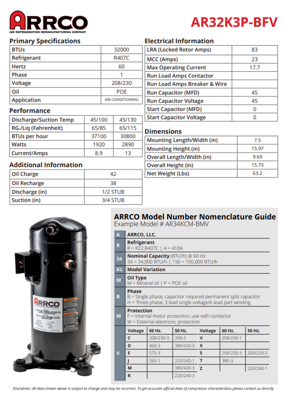 AR32KP-BFV  Copeland Scroll Compressor Remanufactured by Arrco, replaces: Copeland ZR32K3-PFV ZR32K5E-PFV ZR32KC-PFV