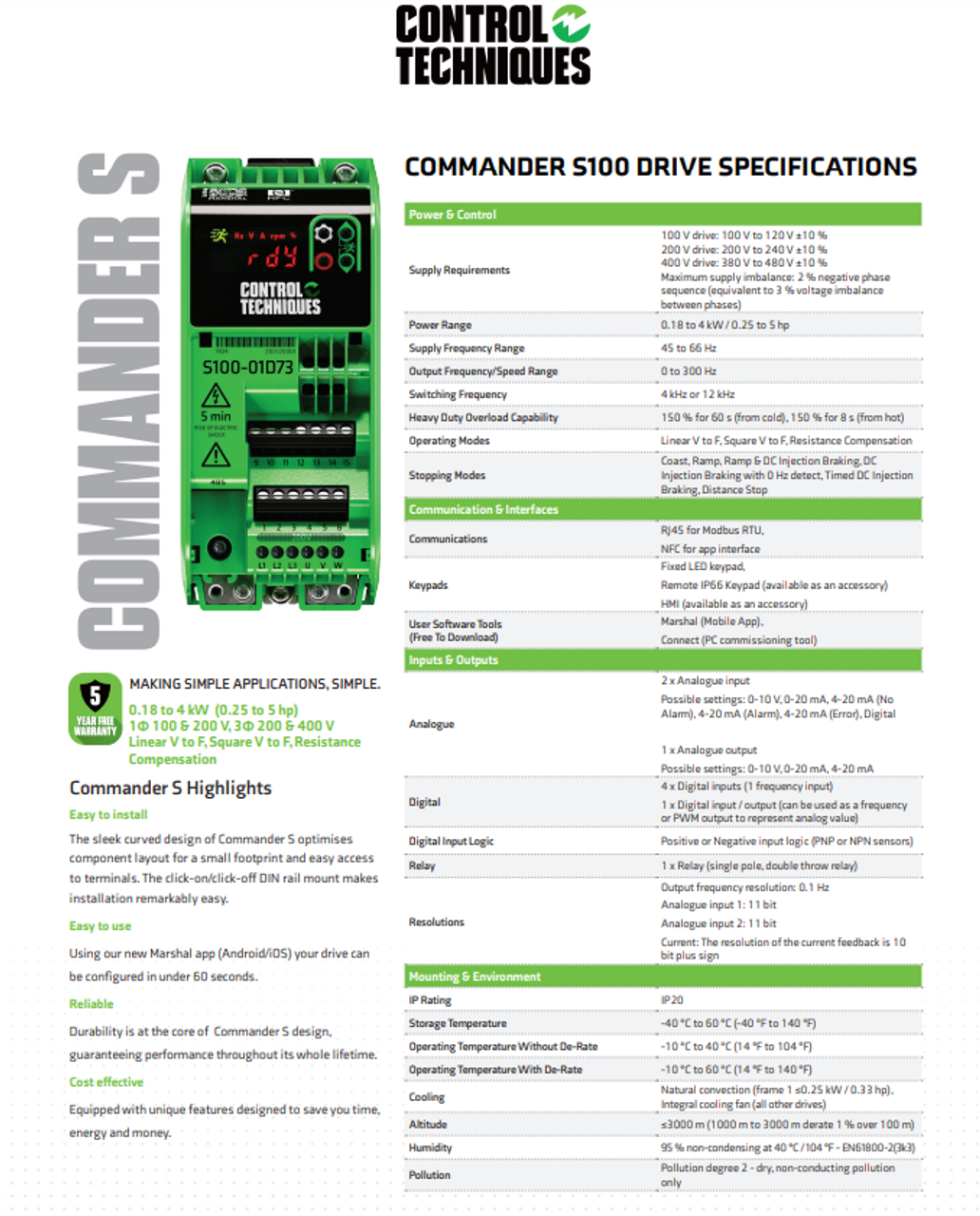 S100-01D73-0B0000 Nidec Control Techniques Commander S100