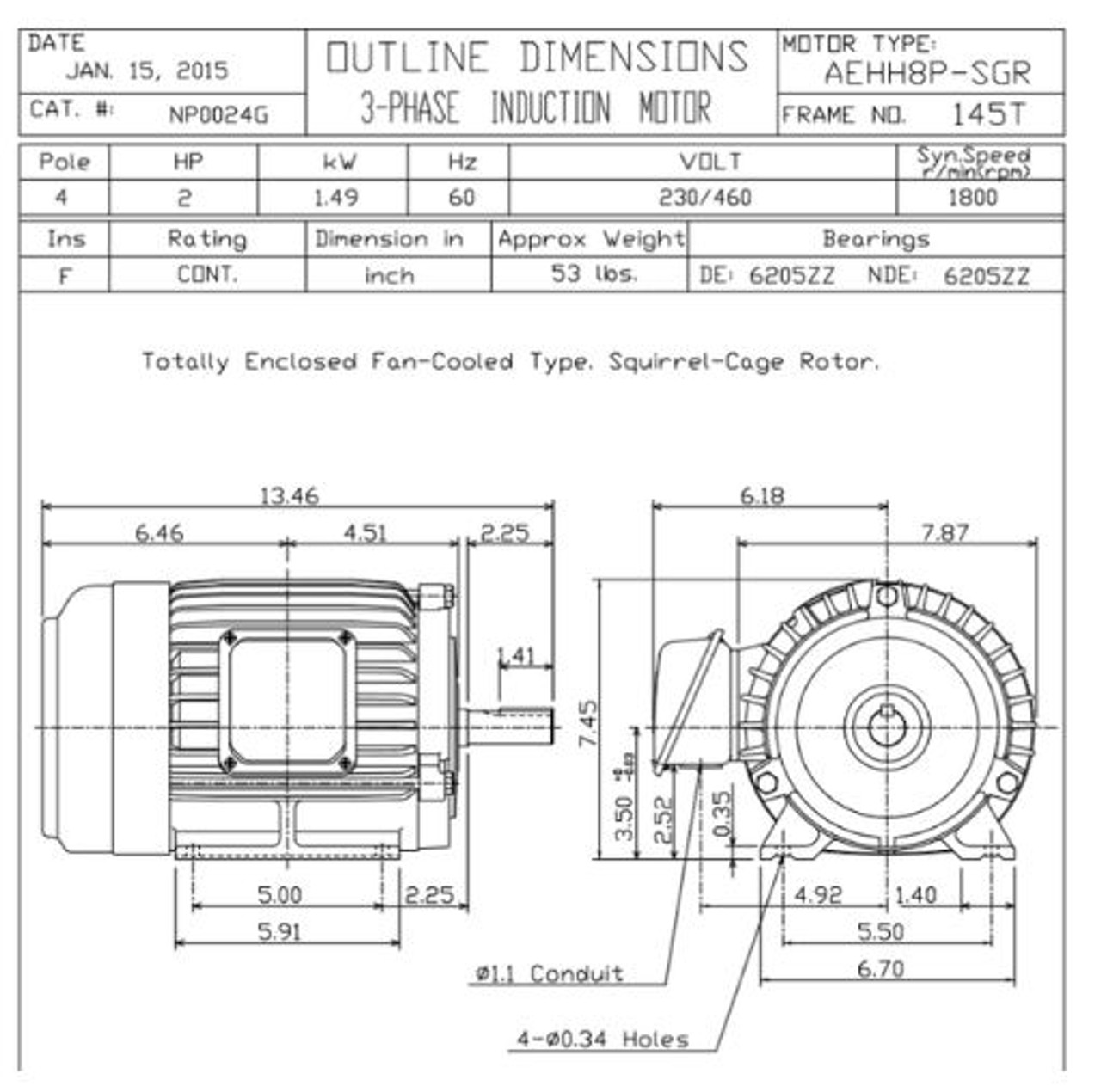 NP0024G TECO-Westinghouse 2 hp 1800 RPM 145T 230/460V TEFC Severe Duty SGR 3-Ph Motor