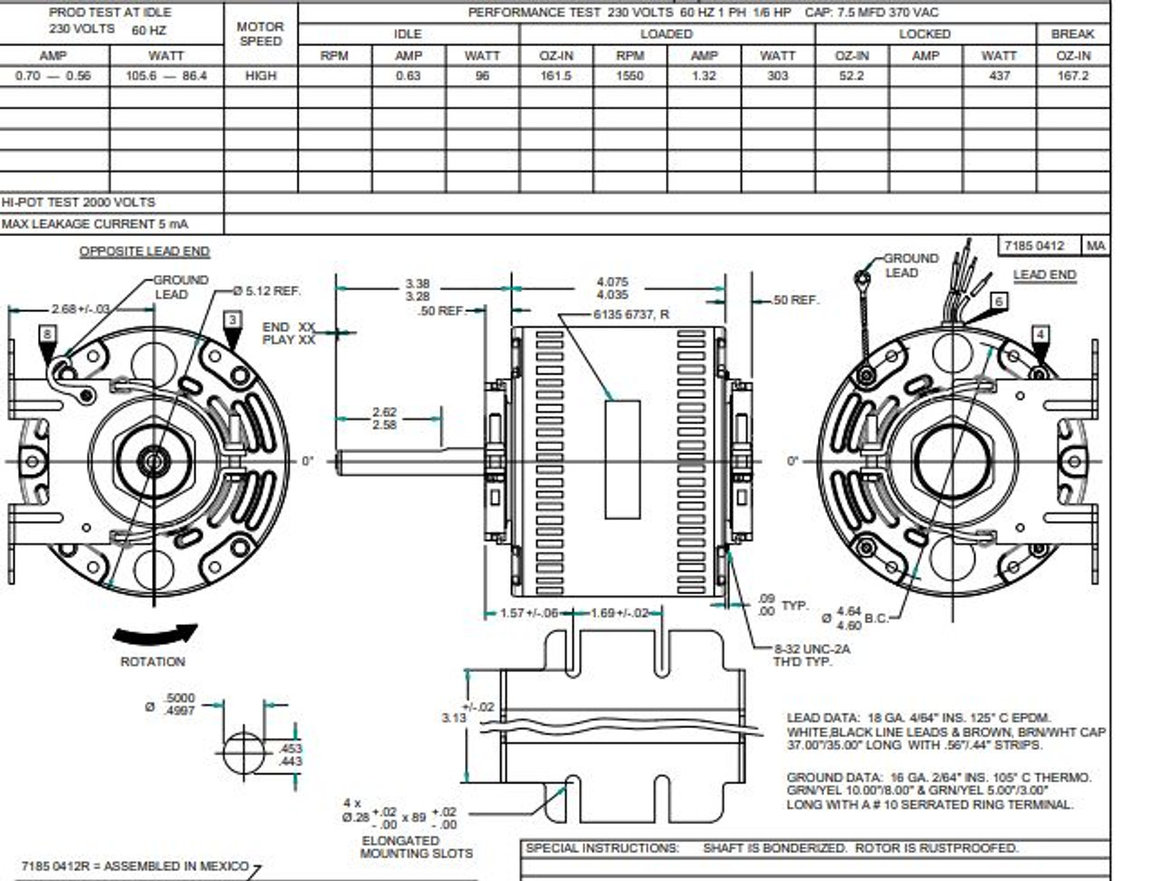 D0593 FASCO FAN AND BLOWER MOTOR 1/6 HP 1550 RPM 42 FRAME