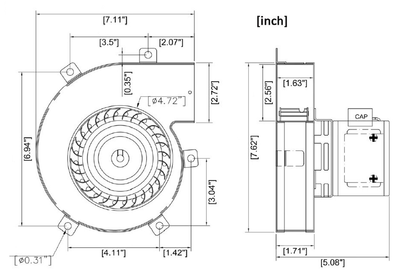 PTDV1 Rectangular Blower, Directly Replaces Dayton 1TDV1, 4C723