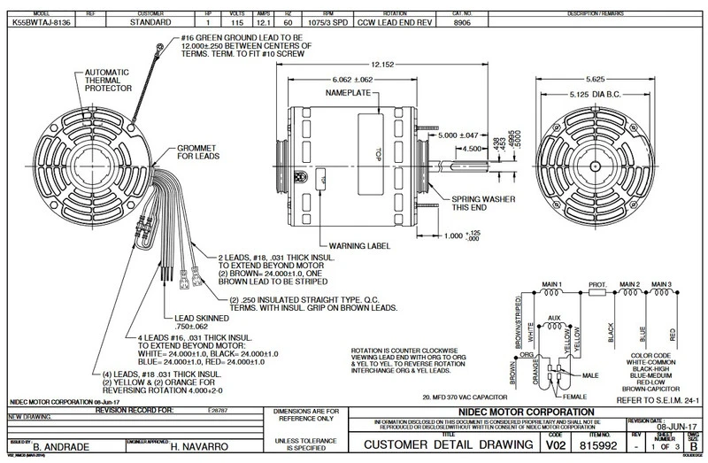 8906 Nidec | 1 hp 1075 RPM 3-Speed 115V; 5.6" Blower Motor