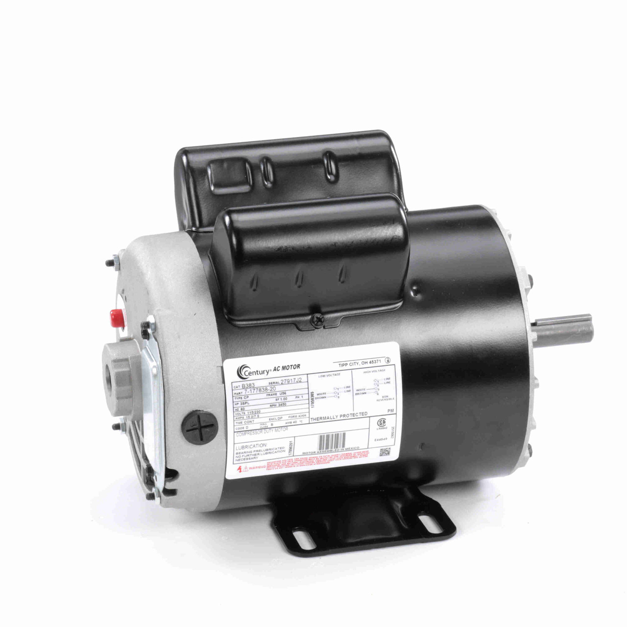 B383 Century Air Compressor Motor  3 Spl HP 3600 RPM U56 Frame