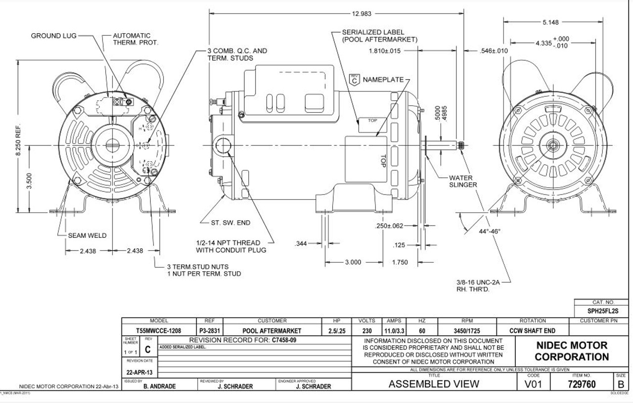 SPH25FL2S Above Ground Pool and Spa Motor 2.5 -.33 HP