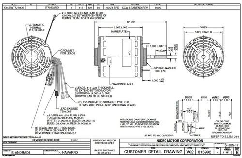 8906 Nidec | 1 hp 1075 RPM 3-Speed 115V; 5.6" Blower Motor