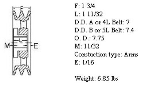 2MBL77, 7.7" Bushing type, A (4L), B (5L and 5V) belts