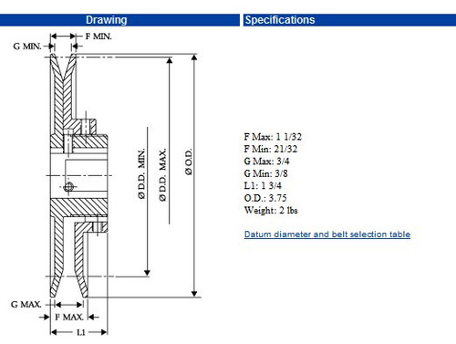 8350-1-1/8  3.75" O.D. 1-1/8" Bore Variable Pitch Pulley