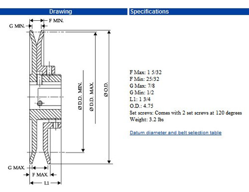 8450-1/2 4.75 inch OD 1/2 inch Bore Variable Pitch Pulley