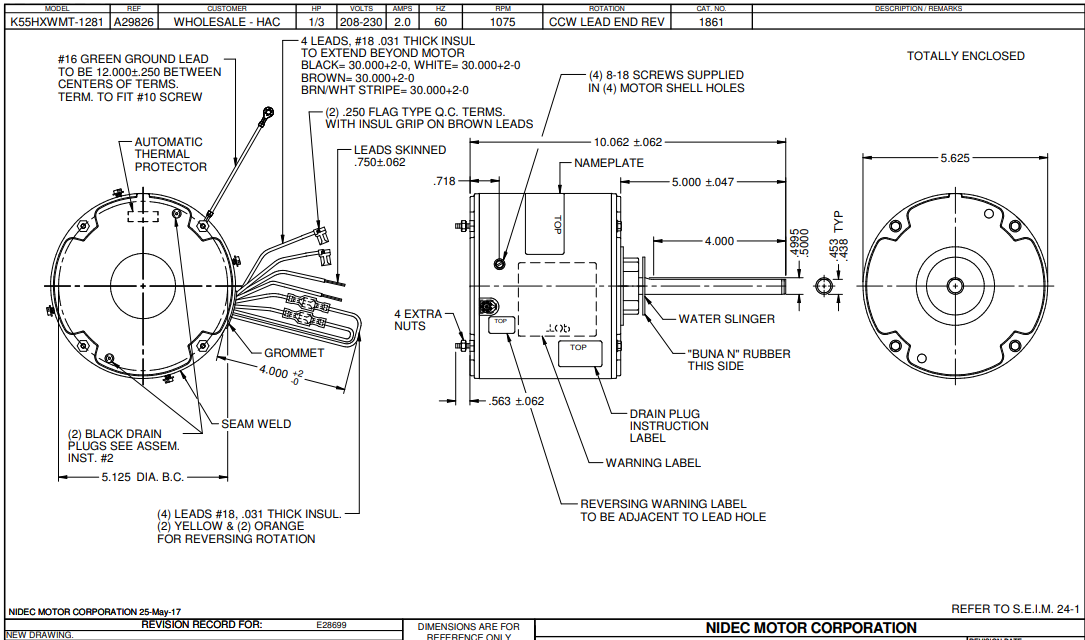 thumbnail image 2 of Nidec 6880 1/3 HP Condenser Fan Motor - 5.6" Diameter, 1075 RPM, 208-230V For AC Units 2 of 6