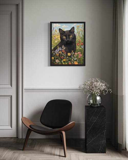 Black Cat in Wildflowers Wall Art Print Poster 1