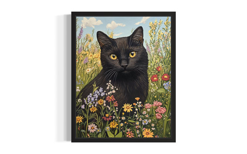 Black Cat in Wildflowers wall art poster print