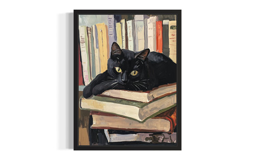 Cat lying on piles of Books wall art poster print