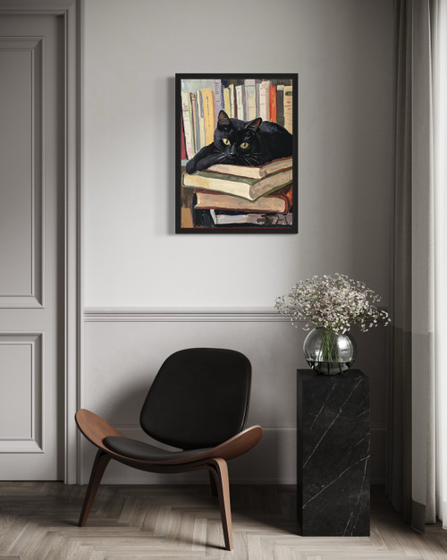 Cat lying on piles of Books Wall Art Print Poster