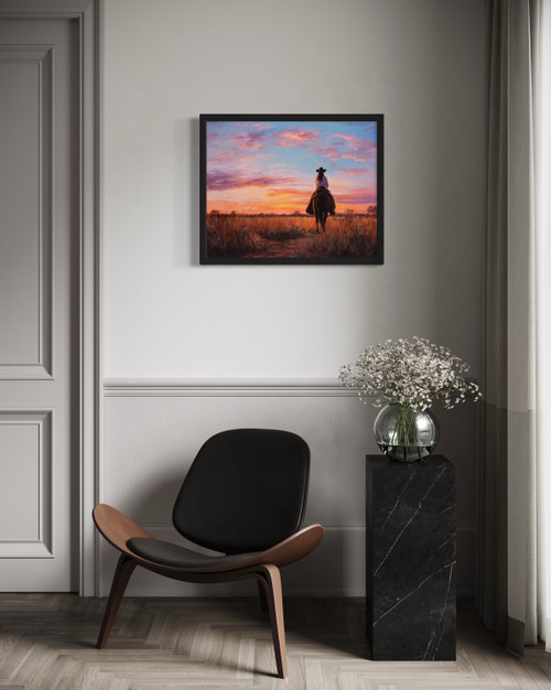 Cowgirl Riding on Sunset Wall Art Print Poster