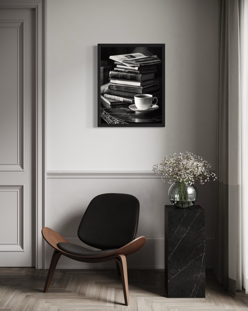 Stacked fashion books and coffee Wall Art Print Poster