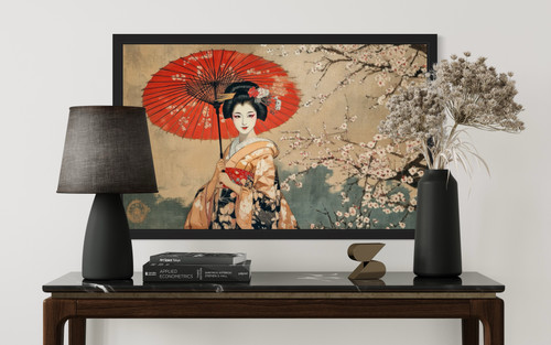 Geisha and Cherry Blossoms Wall Art Print Poster