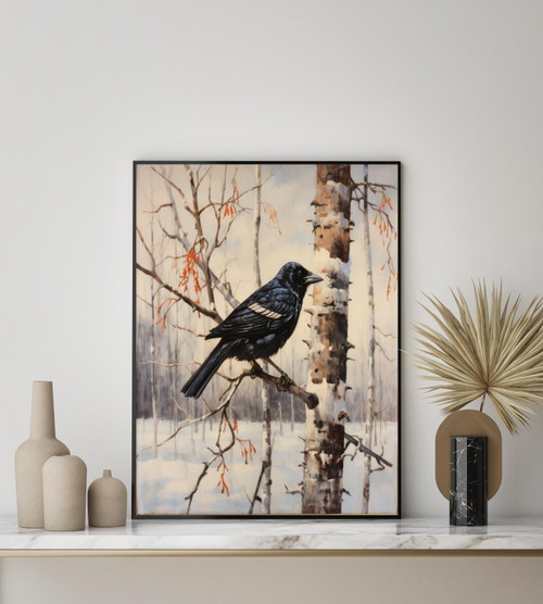 Winter Crow on Birch Tree Art Print Poster