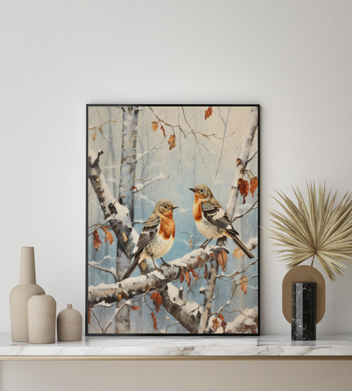 Winter Thrushes On Birch Tree Art Print Poster
