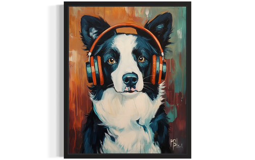 Border Collie Music Headphone Art Print Poster
