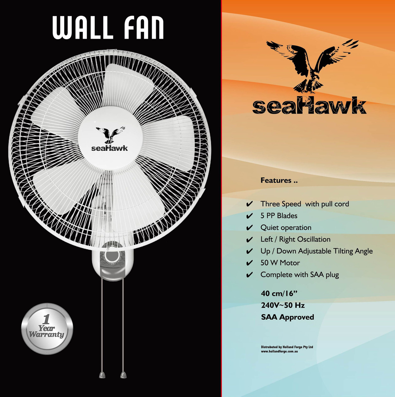 WALL FAN SEA-HAWK OSILLATING SIXTEEN INCH - 400MM 50W