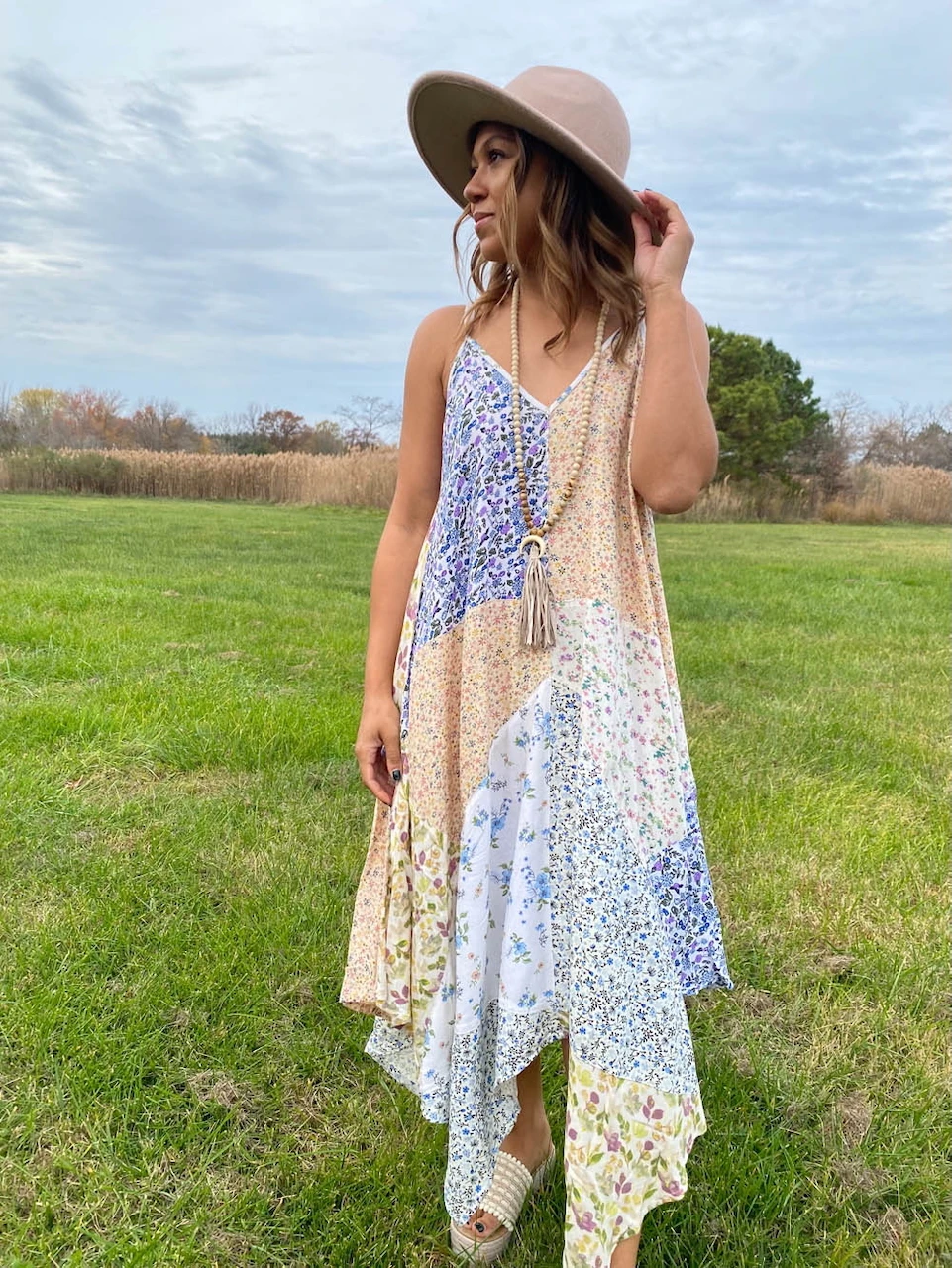 Blue Sky patchwork dress photographed outdoors