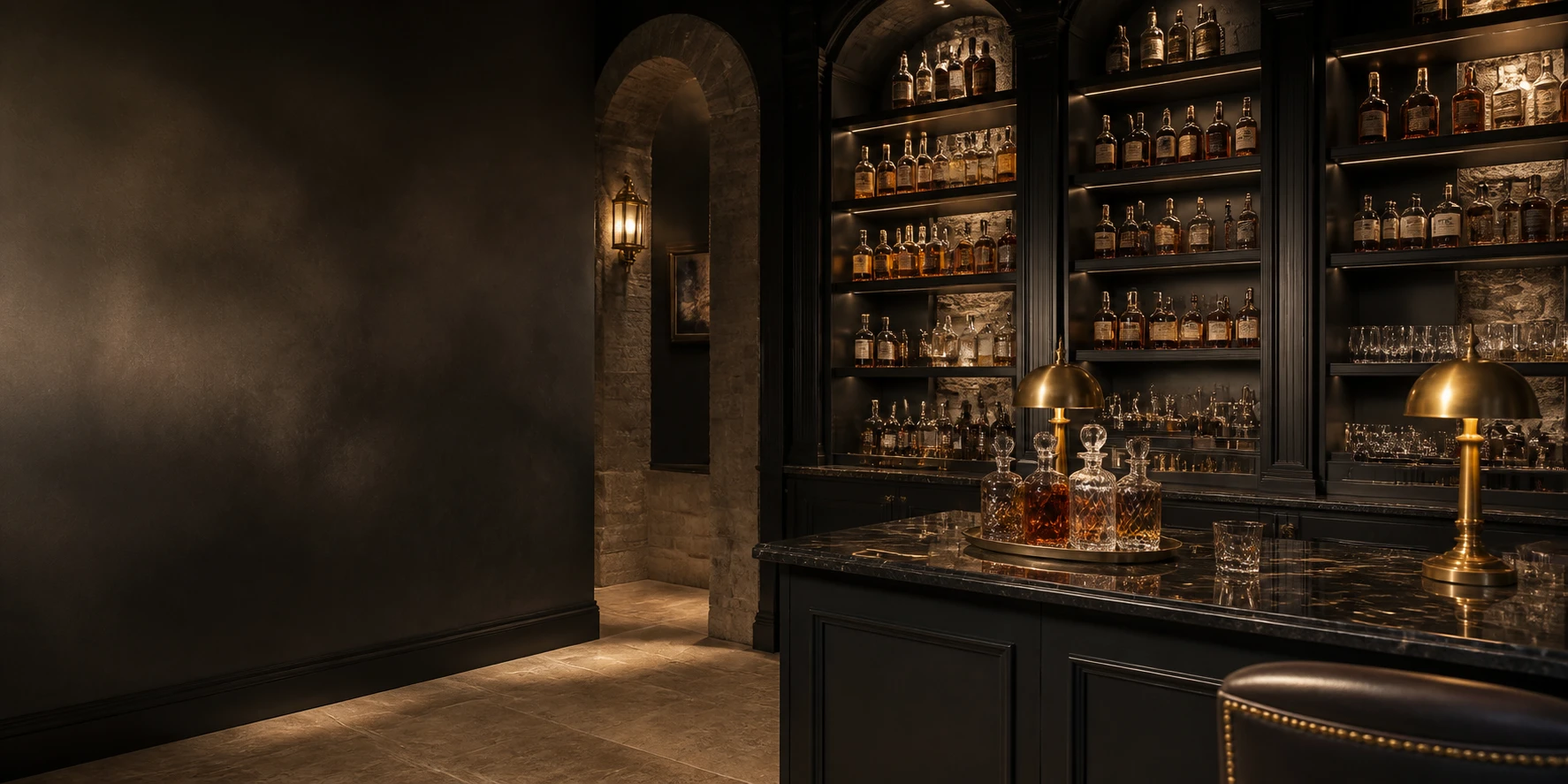 Elegant charcoal Booze Cellar bar with illuminated bottles and crystal decanters