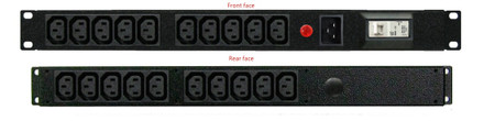 Front facing IEC inlet and circuit breaker, Front & Rear facing outlets (also showing LED indicator)