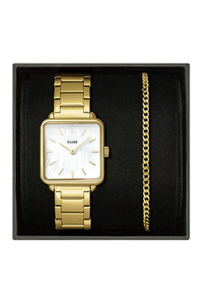 Cluse La Tetragone White Pearl Watch & Curb Chain Bracelet Gift Set CG10327