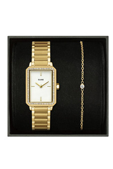 Cluse Fluette White Gold Stones Watch & Zirconia Bracelet Gift Set CG11508