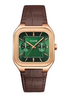 CLUSE Quadrus Multifunction Leather, Green, Rose Gold Colour Watch CW26205