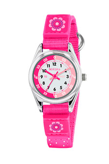 Tikkers Time Teacher Pink Flower Canvas Strap Watch