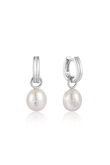 Ania Haie Silver Pearl Drop Sparkle Huggie Hoop Earrings 