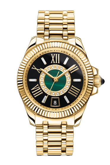 Thomas Sabo Mystic Island Watch With White Stones And Green Malachite Gold Plated TWA0400