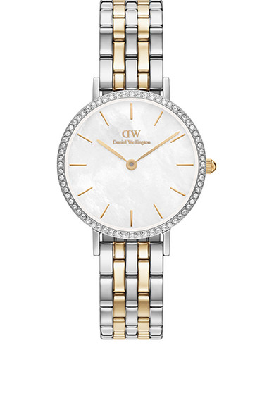Daniel Wellington Petite 28 Bezel 5-Link White Mother of Pearl Two-Tone Gold & Silver Watch DW00100665