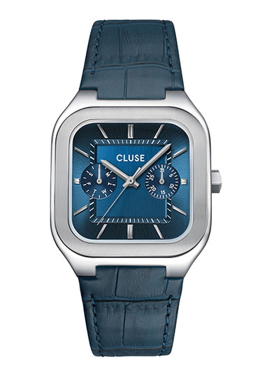 CLUSE Quadrus Multifunction Silver Blue Leather Watch CW26207