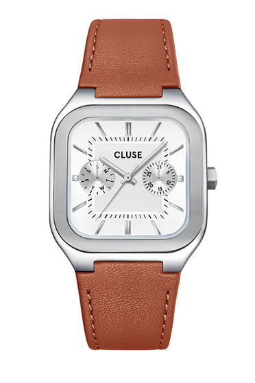 CLUSE Quadrus Multifunction Silver Light Brown Leather Watch CW26208
