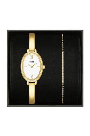 CLUSE L'Ovale Watch Steel, White & Flat Zirconia Chain Bracelet, Gold Gift Set CG16101