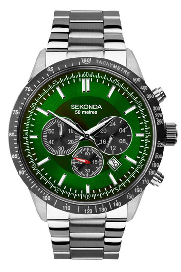 Sekonda Silver Case Green Chrono Silver Strap 48mm SK1913