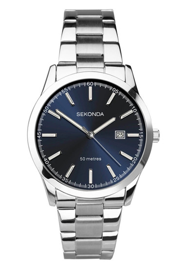 Sekonda Silver Case Blue Date Dial Steel Bracelet 43mm SK1943