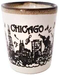 Chicago Mini Ceramic Cup White/Black with Skyline and Music Drip Design - CA58955 Chicago Mini Ceramic Cup White/Black with Skyline and Music Drip Design - CA58955