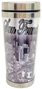 Black and White San Francisco Travel Mug with Silver Accent Line Black and White San Francisco Travel Mug with Silver Accent Line