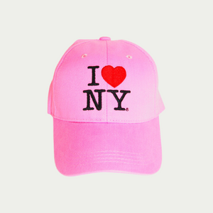Original I LOVE NY pink hat, with I HEART NY embroidered in the center of the hat. The heart is in red, and the rest of the writing is embroidered in black.