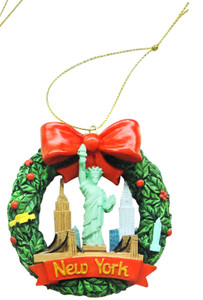 New York Christmas Wreath with Statue and Red Bow