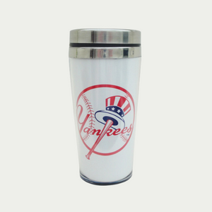White stainless steel travel mug with Yankees logo in the middle. White stainless steel travel mug with Yankees logo in the middle.