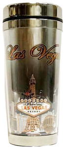 Black Steel Las Vegas Travel Mug with Foil Skyline and Gold Welcome Sign Black Steel Las Vegas Travel Mug with Foil Skyline and Gold Welcome Sign