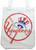 Close up of a Yankees tote bag, with Yankees written in red and a baseball bat and ball in the background, the baseball bat has a hat on top of it, the hat is in blue and red.